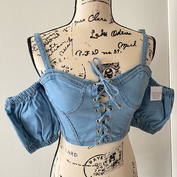Parisian Denim Corset Cold Shoulder Bustier top - Picture 3 of 17